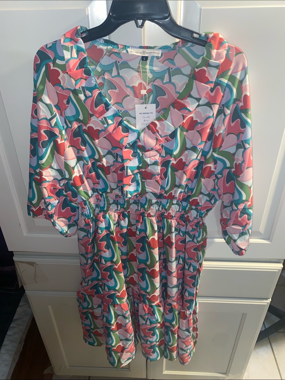 Michelle McDowell Abstract Floral V-Neck Dress - Pink Green Blue